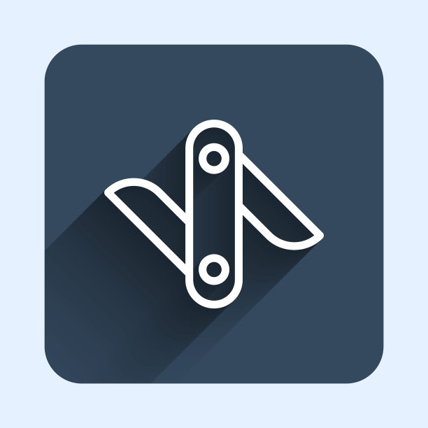 白线瑞士军刀图标孤立与长阴影背景。多刀,多功能小刀。多功能工具。蓝色方块按钮。向量图片下载