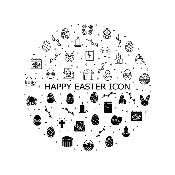 复活节平线图标设置。包含诸如彩色鸡蛋，兔子，篮子，蛋糕和小鸡的图标。简单的平面矢量插图网站或移动应用程序图片下载