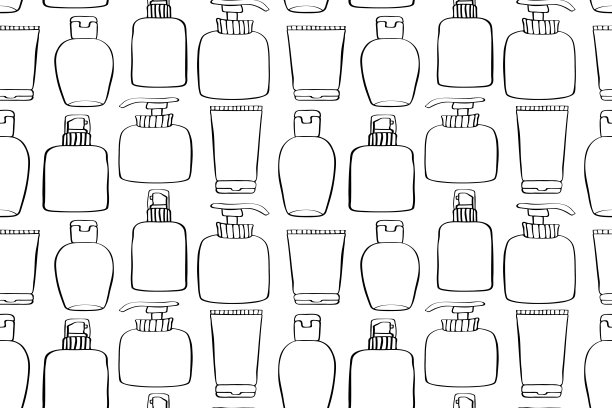 矢量无缝模式的不同轮廓瓶，管，flacons，化妆品在涂鸦风格。纹理主题为美容行业、护肤品、卫生用品、洗漱用品图片下载