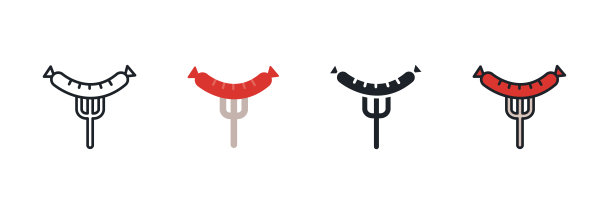 叉子图标上的烤香肠。线性平面颜色图标轮廓形状轮廓。黑色孤立的剪影。填充固体图标。字形设计。向量插图集。肉类产品。食品配料图片下载