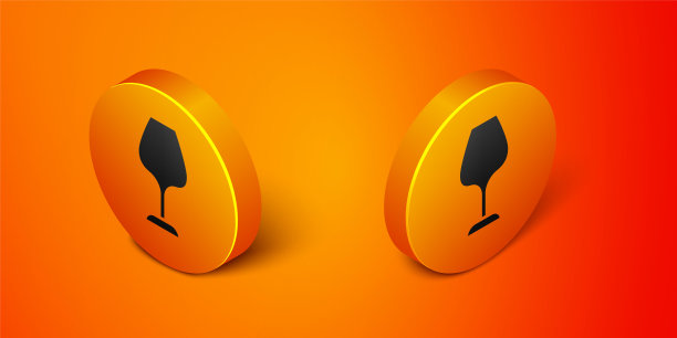 等距酒杯图标孤立在橙色背景上。葡萄酒杯的迹象。橙色圆按钮。向量图片下载