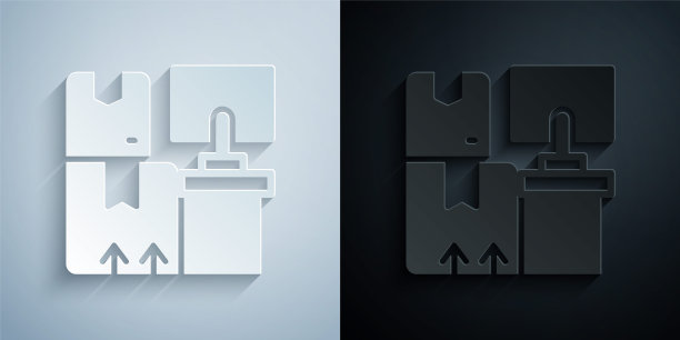 剪纸仓库内部与机架上的盒子图标孤立的灰色和黑色背景。物流、货运、包裹寄存邮政服务。纸艺术风格。向量图片下载