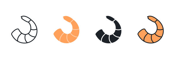 虾虾图标。线性平面颜色图标轮廓形状轮廓。黑色孤立的剪影。填充固体图标。现代字形。向量插图集。肉制品，鱼和海鲜。海洋生物图片下载