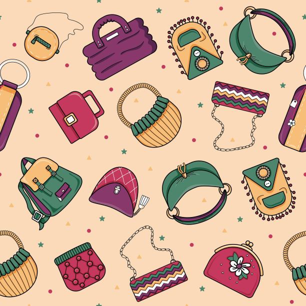 明亮的现代袋在一个明亮的背景上无缝的图案。色彩斑斓的时尚袋。矢量插图。图片下载