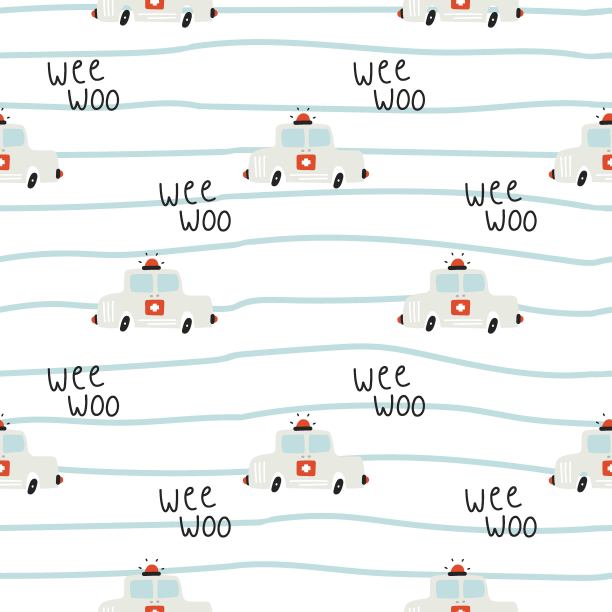 医疗车无缝模式。手绘救护车，城市应急运输，幼稚卡通收藏。装饰纺织品，包装纸墙纸，矢量打印或织物图片下载