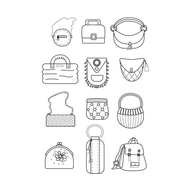 一套时尚的女性手袋-手提包，购物者，流浪汉，水桶，挎包和袋袋。新潮皮革配件的不同类型孤立在白色背景。所有对象都是分离的。矢量插图。图片下载