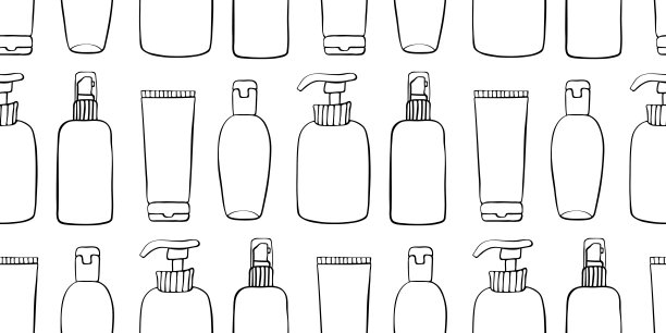 矢量无缝模式的不同轮廓瓶，管，flacons，化妆品在涂鸦风格。纹理主题为美容行业、护肤品、卫生用品、洗漱用品图片下载
