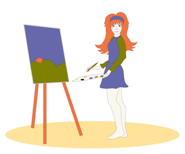 一个红头发的女孩在画架上画画图片下载