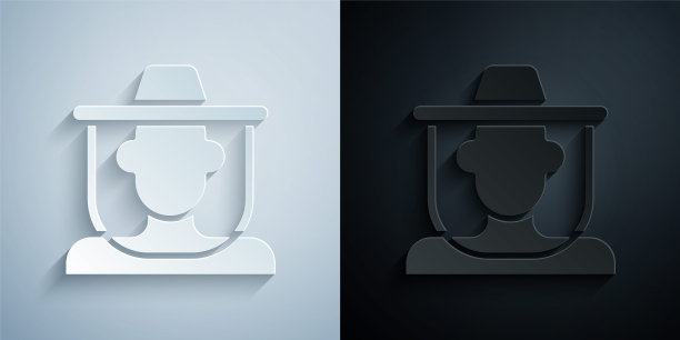 剪纸养蜂人与保护帽图标孤立在灰色和黑色背景。特殊的保护性制服。纸艺术风格。向量图片下载