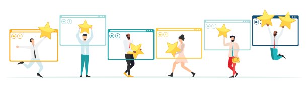 网络质量评估。五星，五个赞。客户反馈，推荐，在线调查的概念。一群人评价客户体验，写评论，留下反馈。向量。图片下载