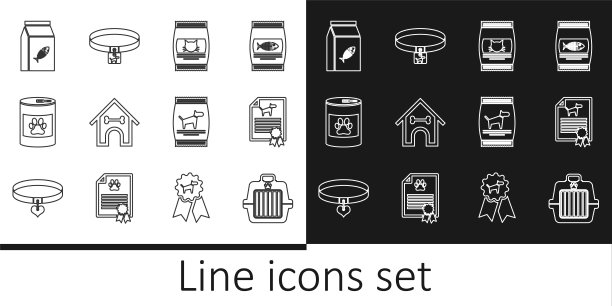 集宠物提箱、猫狗证、食品袋、狗屋、狗骨、罐头、项圈图标于一体。向量图片下载