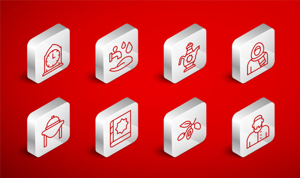 设置线穆斯林男子，五胡，伊斯兰茶壶，妇女在头巾，枣水果，时钟，可兰经的圣书和餐桌上的食物图标。向量图片下载