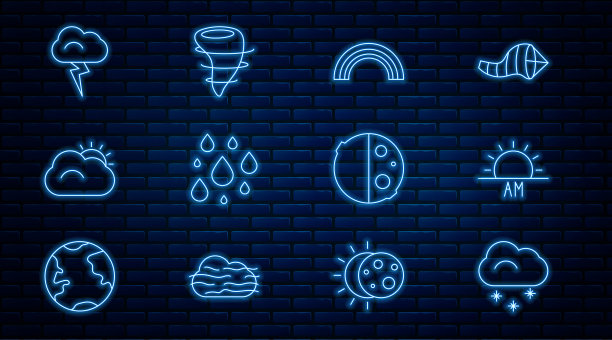 设置线云与雪，日出，彩虹，水滴，云，风暴，日食和龙卷风的图标。向量图片下载