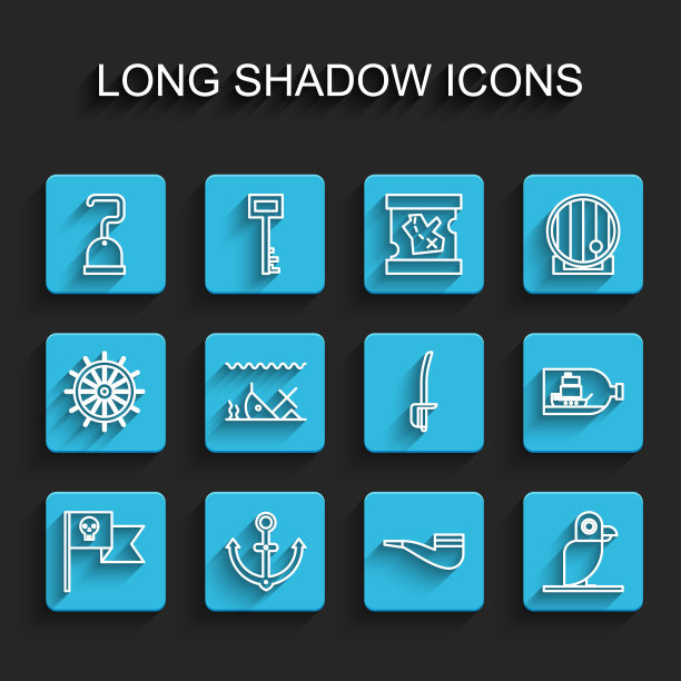 设置海盗旗与头骨，锚，钩，烟斗，鹦鹉，沉船，瓶子里面和剑的图标。向量图片下载