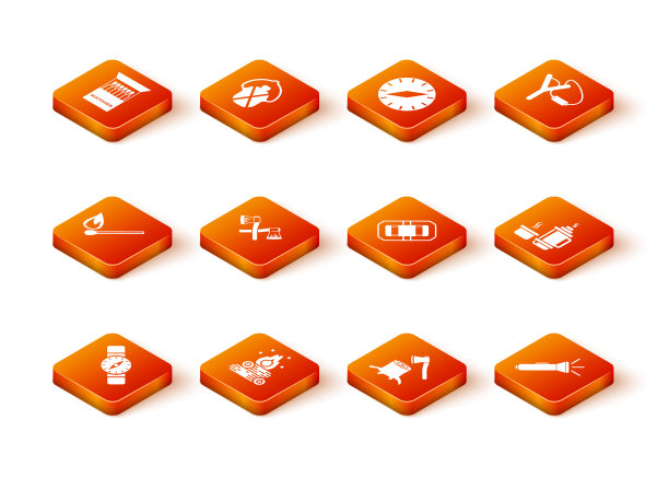 设置指南针，篝火，燃烧火柴，交叉木斧，木桩，漂流船，手电筒和热水瓶容器图标。向量图片下载