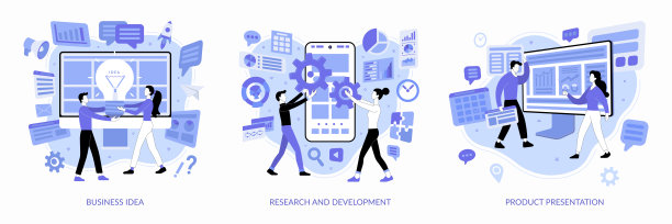 一套新的创业概念插图。男人和女人一起工作。创造新的商业理念，研究和开发，团队合作，在线展示新产品。平面设计图片下载