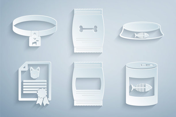 食品袋，宠物碗，猫狗证书，罐头，宠物和狗项圈图标。向量图片下载