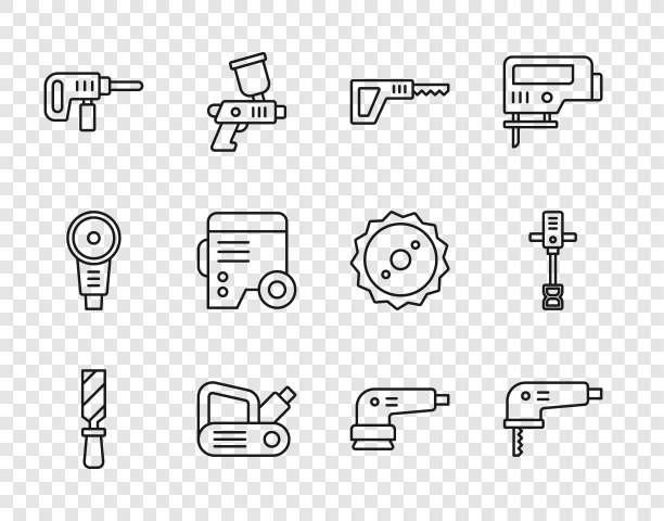 设置线锉刀，电动拼图，往复式，刨床工具，钻床，电力发电机，砂光机和电动手动混凝土搅拌机图标。向量图片下载