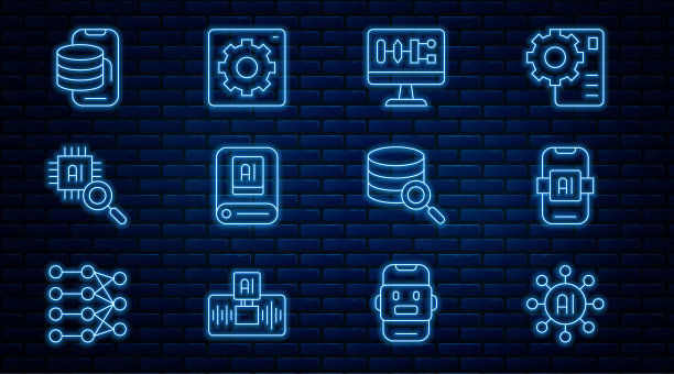 设置线神经网络、人工智能AI、算法、处理器CPU、云技术数据传输、服务器和计算机api接口图标。向量图片下载