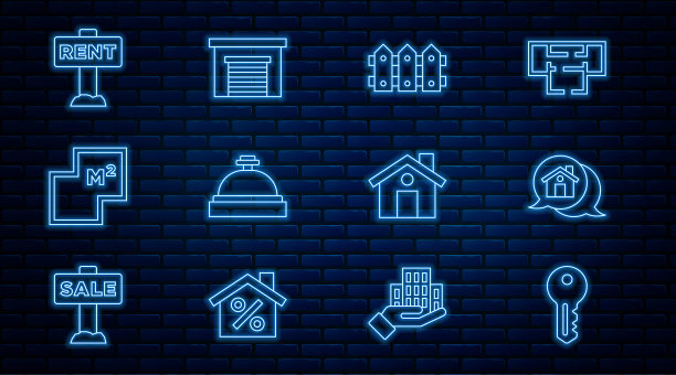 设置线房子钥匙，房地产消息房子，花园栅栏木，酒店服务铃，计划，悬挂标志与租金，车库图标。向量图片下载