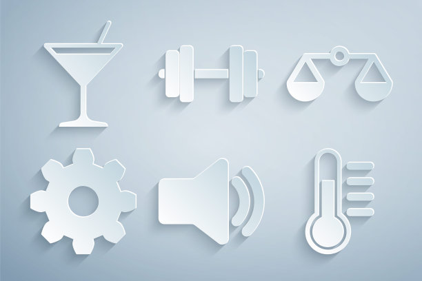 设置扬声器音量，公正的天平，齿轮设置，温度计，哑铃和马提尼玻璃图标。向量图片下载