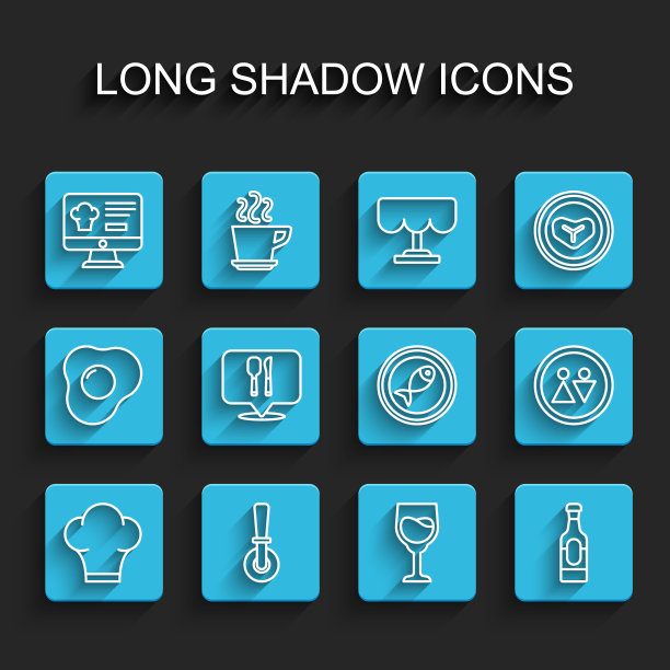 设置线厨师帽，披萨刀，网上订购和送餐，酒杯，酒瓶，咖啡厅餐厅位置，厕所和服务鱼盘图标。向量图片下载