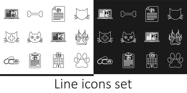 设置线爪印、狗或猫的医疗证明、猫、兽医诊所、笔记本电脑上的临床记录和狗骨图标。向量图片下载