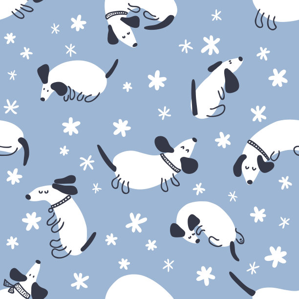 手绘冬季无缝图案与腊肠和雪花。适合t恤、明信片、纺织品和印刷品。涂鸦矢量插图装饰和设计。图片下载