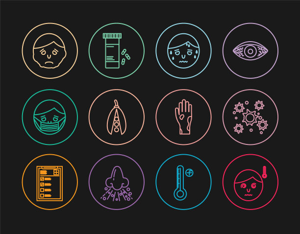 人体温度高、细菌、出汗过多的男人、芸豆、面膜、脸部炎症、手部牛皮癣或湿疹、药瓶药丸图标。向量图片下载