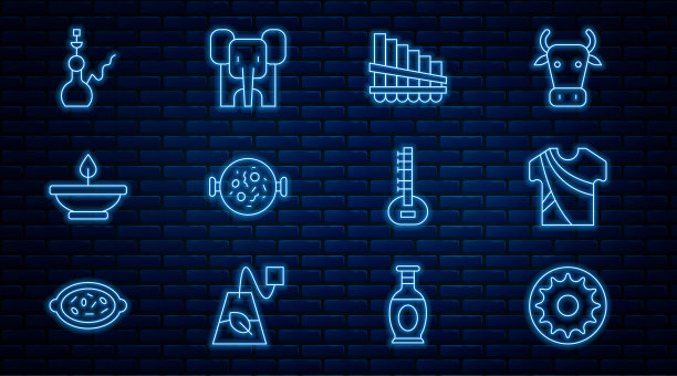 设置线脉轮，印度男人服装，Pan长笛，鸡肉tikka masala，香薰灯，水烟，锡塔和大象图标。向量图片下载