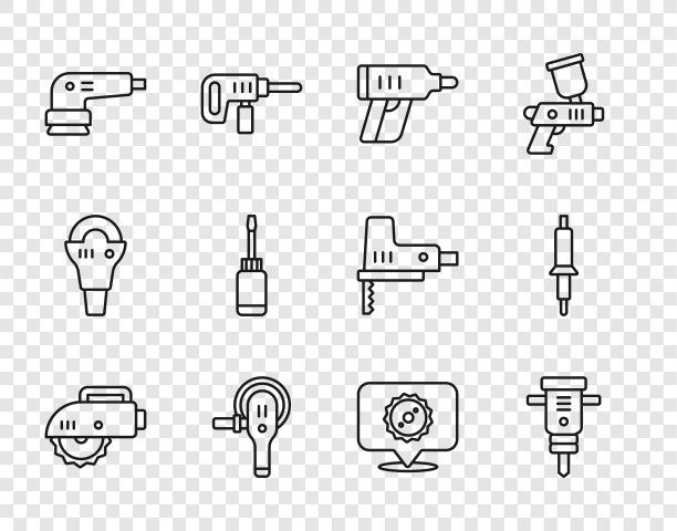 电动圆锯，施工手提钻，无绳螺丝刀，角磨机，砂光机，螺丝刀，圆刀片，烙铁图标。向量图片下载