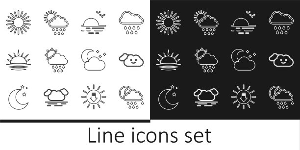 设置线云与雨和月亮，日落，太阳，星星和图标。向量图片下载