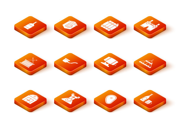 设置农场房子，女装紧腰裙，音乐鼓和棍子，烟斗，牛排肉，架子上的木桶，啤酒瓶玻璃和巨大的钢铁吊灯图标。向量图片下载