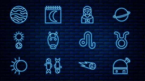 设置天文观测台，金牛座星座，占星术女人，马，至日，金星，狮子座和月亮相位日历图标。向量图片下载