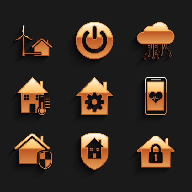 设置智能家居设置，保护房屋，带心率、温度、物联网和风力发电机图标的移动。向量图片下载