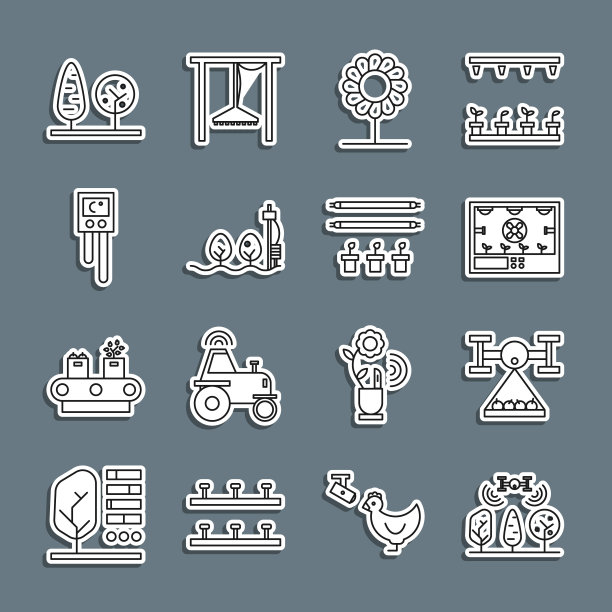 设置线智能农场与无人机，农业技术，花卉，独立传感器和植物，温度湿度，树木和灯泡图标。向量图片下载