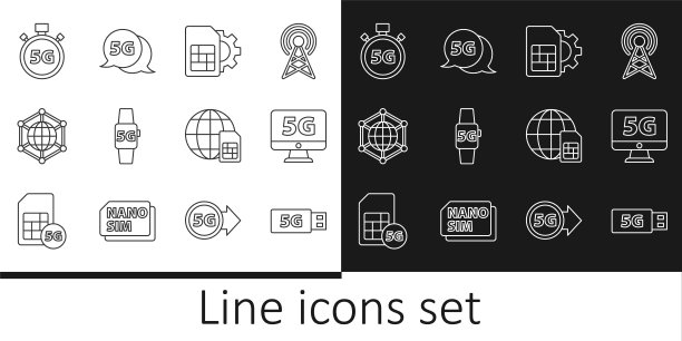 设置线路5G调制解调器，监控与网络，Sim卡设置，智能手表，社交，数字速度表，全球卡和图标。向量图片下载