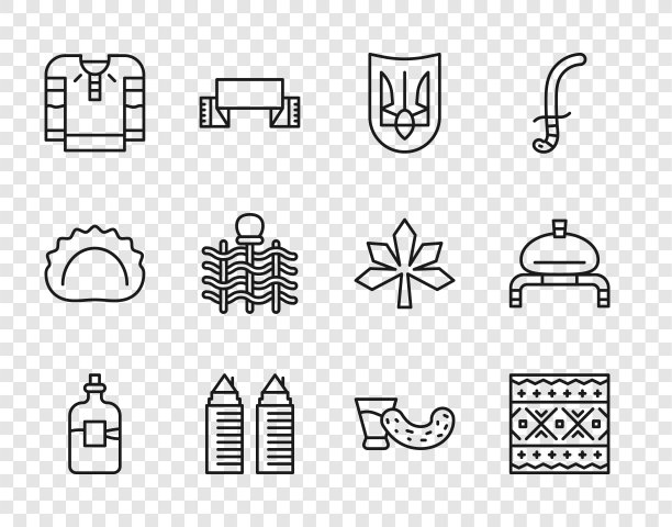 集伏特加酒瓶，乌克兰民族图案，三叉戟，两个塔Dnipro，刺绣衬衫，柳条栅栏，玻璃与面包和盐的图标。向量图片下载