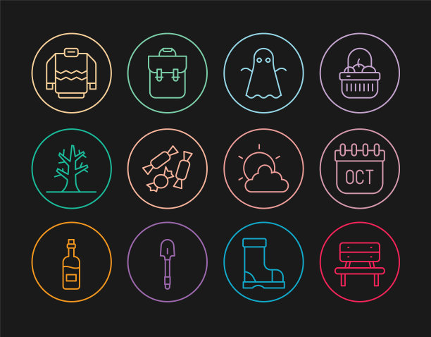 设置线长凳，十月日历秋季，幽灵，糖果，裸树，毛衣，太阳云天气和学校背包图标。向量图片下载