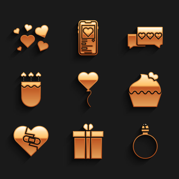 集气球形式的心，礼盒和，钻石订婚戒指，婚礼蛋糕，愈合破碎，箭袋箭，像和心的图标。向量图片下载