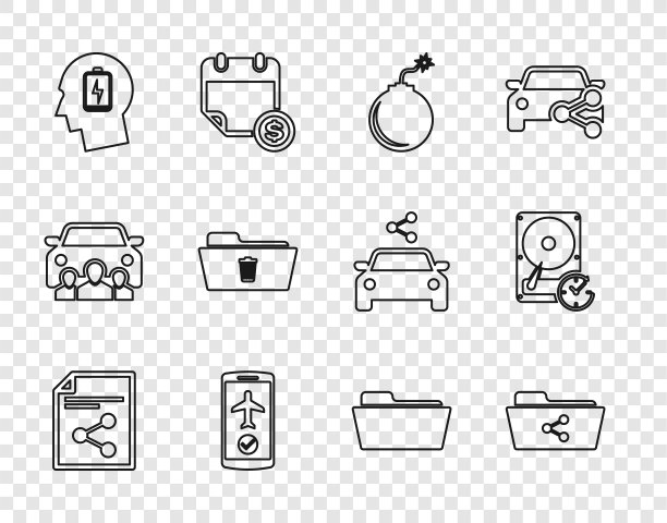 设置行共享文件，文件夹，炸弹准备爆炸，飞行模式在手机，低电池，删除，文件夹和硬盘驱动器顺时针图标。向量图片下载