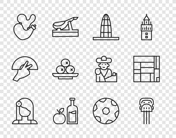 设置线西班牙女人，Peineta, Agbar塔，苹果酒瓶，葡萄酒皮，橄榄盘，足球和大厦米拉多图标。向量图片下载