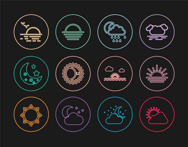 设置线太阳和云天气，日落，云与雨月亮，日食，月亮星星，和图标。向量图片下载