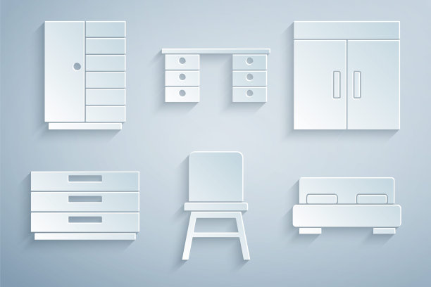 设置椅子，衣柜，抽屉的衣柜，大床，办公桌和图标。向量图片下载