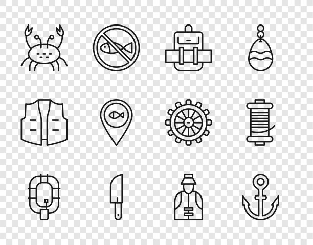 设置线充气船，锚，徒步旅行背包，刀，螃蟹，位置钓鱼，渔民和纺线卷轴图标。向量图片下载