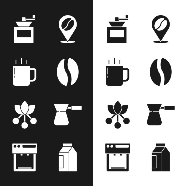 设置咖啡豆，杯子，手动咖啡研磨机，位置，豆，树枝，土耳其，袋和机器图标。向量图片下载