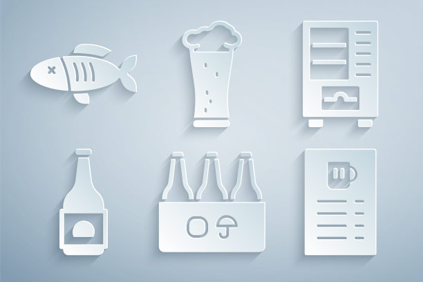 设置包装的啤酒瓶，自动售货机，啤酒，菜单，玻璃和干鱼图标。向量图片下载