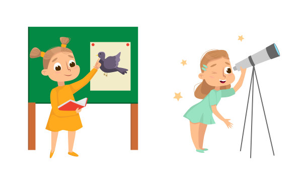 可爱的孩子在课堂上学习学校科目学习天文学和生物向量集图片下载