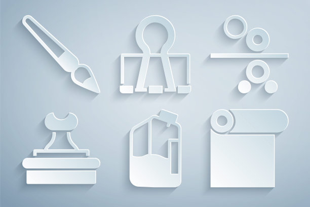 设置打印机墨水瓶，印刷机纸卷，邮票，卷纸，活页夹和画笔图标。向量图片下载