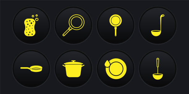 设置煎锅，厨房勺，煮锅，洗碗，海绵泡沫图标。向量图片下载